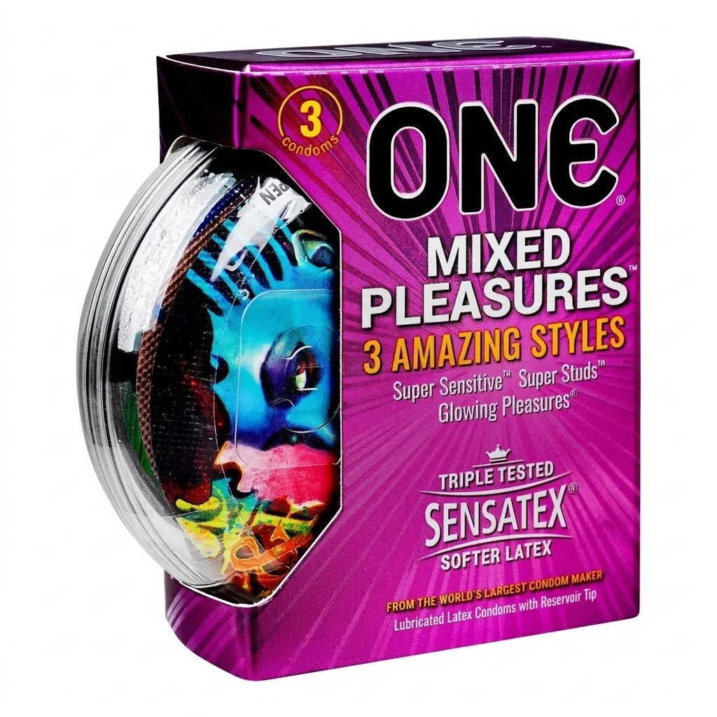 One Mixed Pleasures Condoms, Natural Rubber Latex, Super Sensitive, Extra Large Studs, 3-Pack